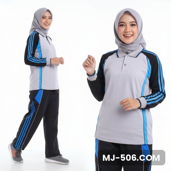 Seragam Olahraga Wanita Abu Hitam, baju abu dengan lengan hitam list biru dan celana training hitam list biru