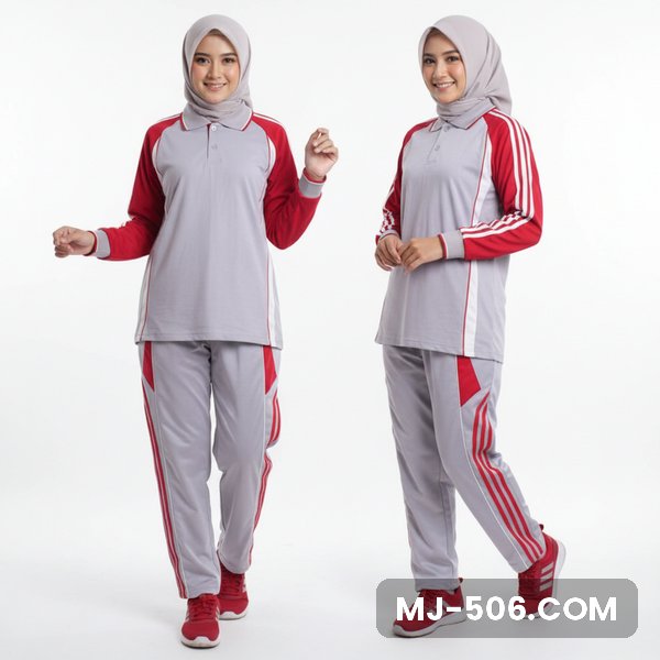 Seragam Olahraga Wanita Abu Merah Celana Abu Seragam Olahraga Wanita Abu Merah Celana Abu, baju abu dengan lengan merah dan celana training abu list merah