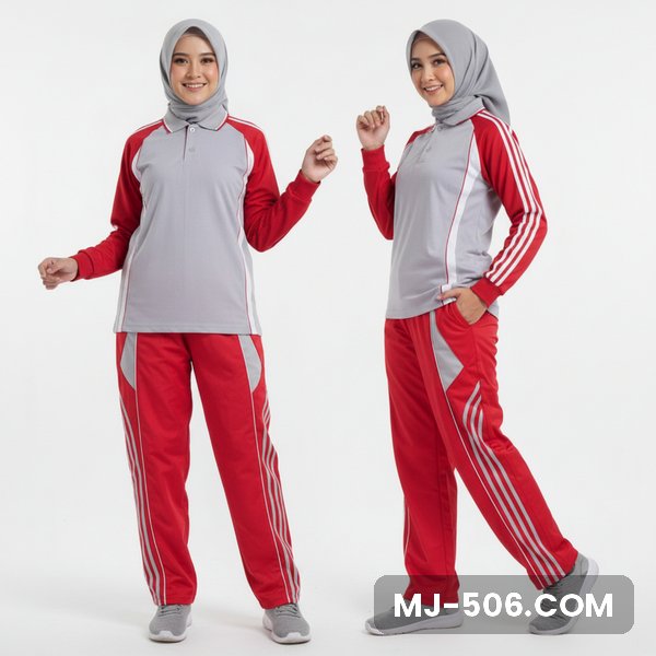 Seragam Olahraga Wanita Abu Merah Celana Merah Seragam Olahraga Wanita Abu Merah Celana Merah, baju abu dengan lengan merah dan celana training merah list putih