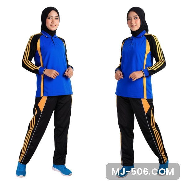 Seragam Olahraga Wanita Biru Hitam Seragam Olahraga Wanita Biru Hitam, baju biru dengan lengan hitam list kuning dan celana training hitam list kuning