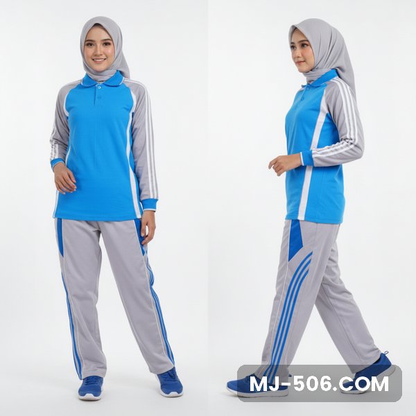 Seragam Olahraga Wanita Biru Turkis Abu Seragam Olahraga Wanita Biru Turkis Abu, baju biru turkis dengan lengan abu dan celana training abu list biru turkis