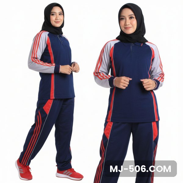 Seragam Olahraga Wanita Dongker Abu Seragam Olahraga Wanita Dongker Abu, baju biru dongker dengan lengan abu list merah dan celana training biru dongker list merah