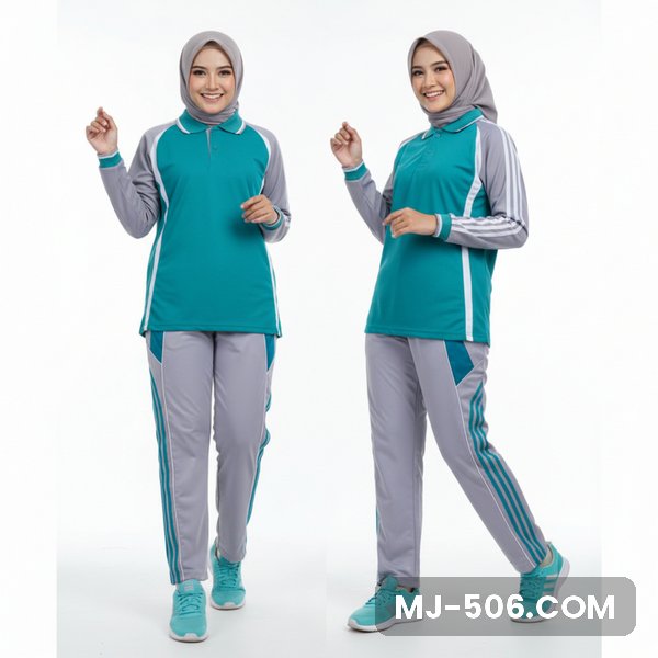 Seragam Olahraga Wanita Toska Abu, baju toska dengan lengan abu dan celana training abu list toska