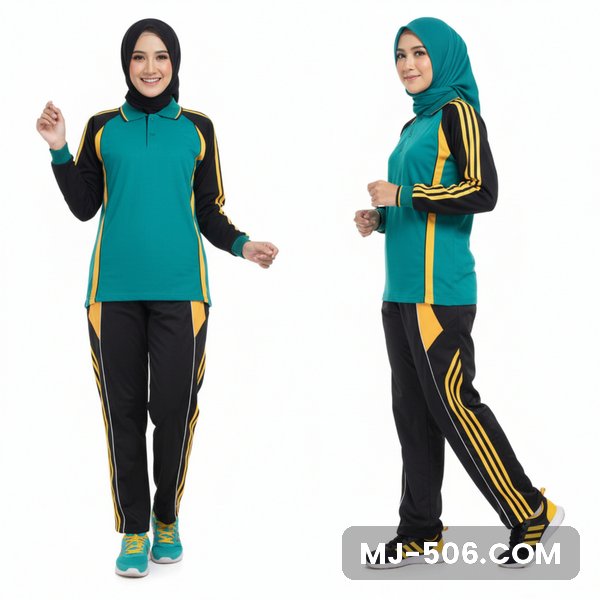 Seragam Olahraga Wanita Toska Hitam Seragam Olahraga Wanita Toska Hitam, baju toska dengan lengan hitam list kuning dan celana training hitam list kuning
