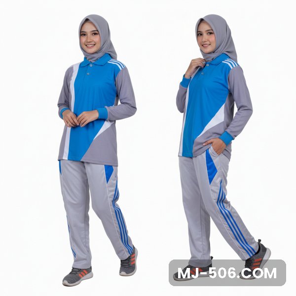 Setelan Olahraga Wanita Terbaru Abu Biru Turkis Setelan Olahraga Wanita Terbaru Abu Biru Turkis, baju abu dengan panel depan biru turkis dan celana training abu list biru turkis