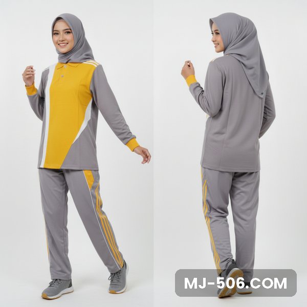 Setelan Olahraga Wanita Terbaru Abu Kuning Setelan Olahraga Wanita Terbaru Abu Kuning, baju abu dengan panel depan kuning dan celana training abu list kuning