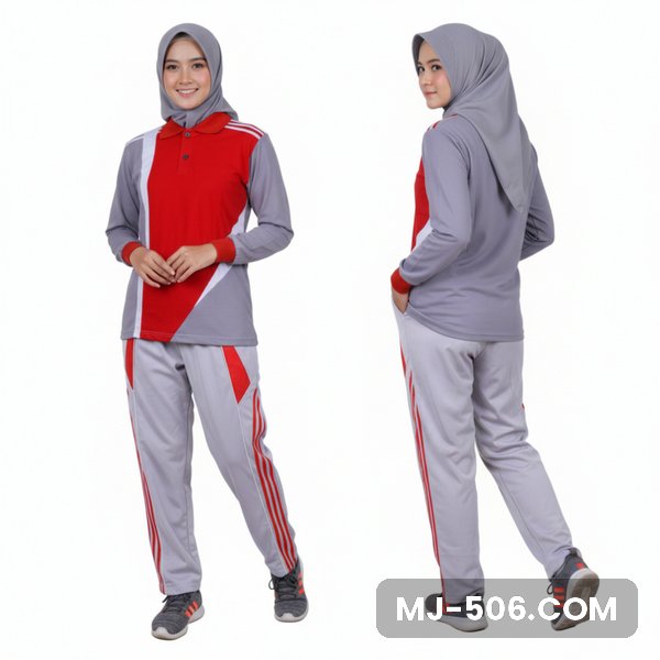 Setelan Olahraga Wanita Terbaru Abu Merah Setelan Olahraga Wanita Terbaru Abu Merah, baju abu dengan panel depan merah dan celana training abu list merah