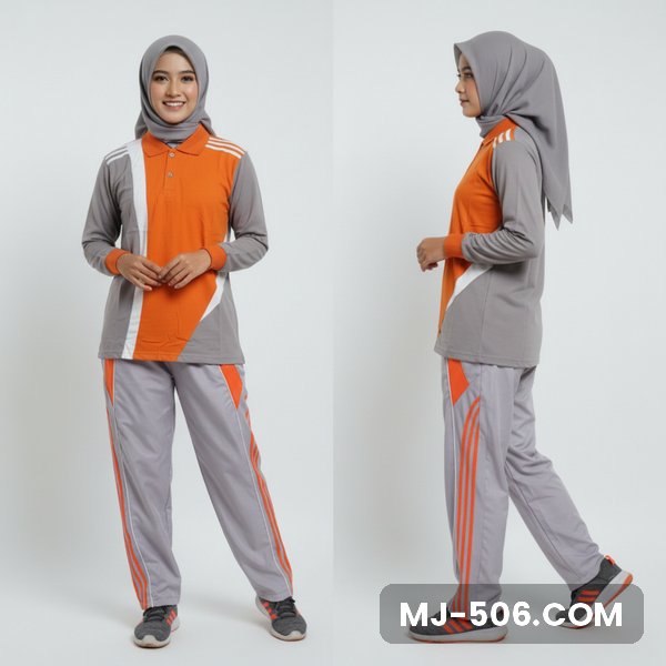Setelan Olahraga Wanita Terbaru Abu Orange Setelan Olahraga Wanita Terbaru Abu Orange, baju abu dengan panel depan orange dan celana training abu list orange