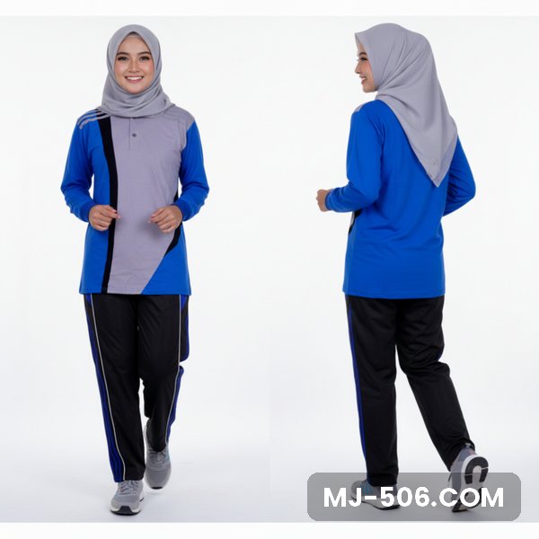 Setelan Olahraga Wanita Terbaru Biru Benhur Abu Setelan Olahraga Wanita Terbaru Biru Benhur Abu, baju biru benhur dengan panel depan abu dan list hitam dan celana training hitam list biru benhur