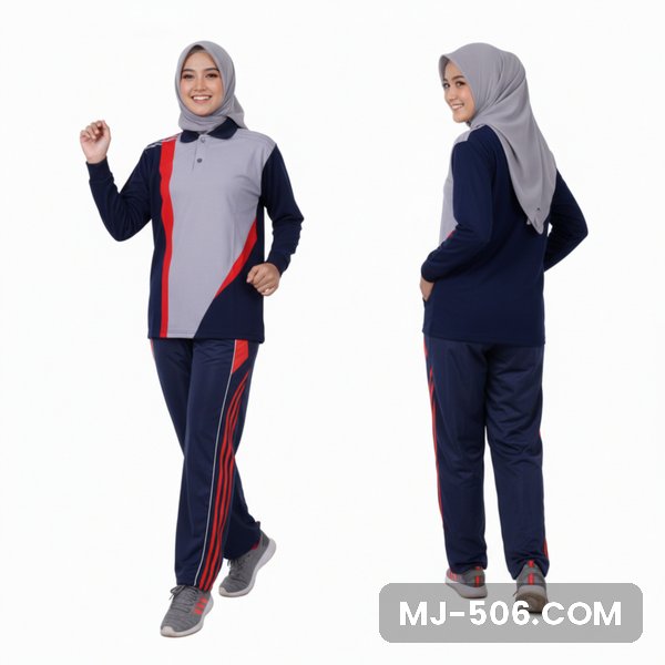 Setelan Olahraga Wanita Terbaru Dongker Abu Setelan Olahraga Wanita Terbaru Dongker Abu, baju biru dongker dengan panel depan abu dan list merah dan celana training biru dongker list merah