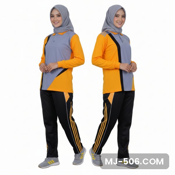 Setelan Olahraga Wanita Terbaru Kuning Abu Setelan Olahraga Wanita Terbaru Kuning Abu, baju kuning dengan panel depan abu dan list hitam dan celana training hitam list kuning