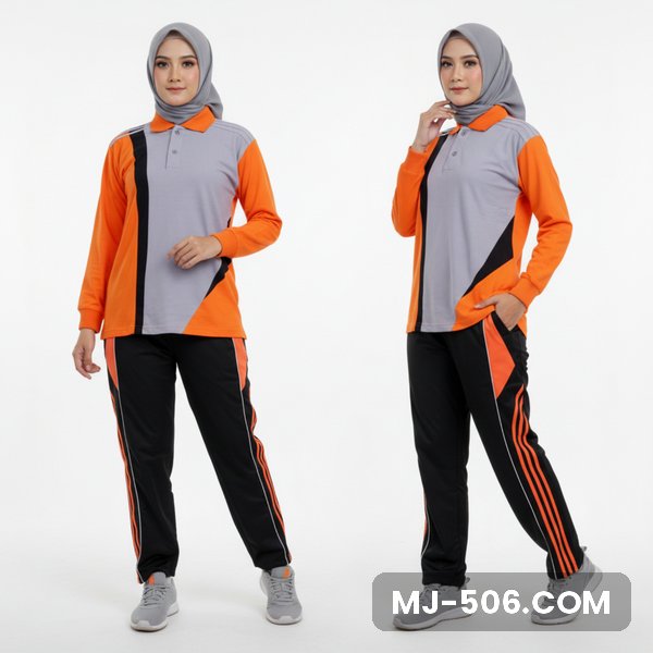 Setelan Olahraga Wanita Terbaru Orange Abu Setelan Olahraga Wanita Terbaru Orange Abu, baju orange dengan panel depan abu dan list hitam dan celana training hitam list orange