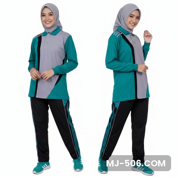 Setelan Olahraga Wanita Terbaru Toska Abu Setelan Olahraga Wanita Terbaru Toska Abu, baju toska dengan panel depan abu dan list hitam dan celana training hitam list toska