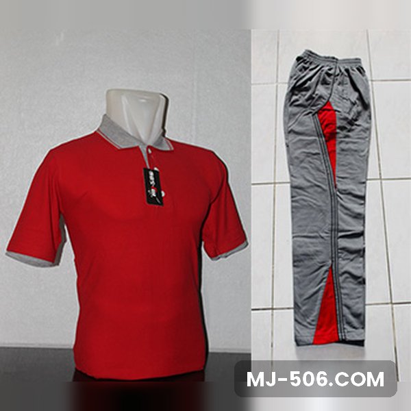 Setelan Baju Training Olahraga Warna Merah Abu Setelan Baju Training Olahraga Warna Merah Abu, kaos polo merah kerah abu dan celana training abu dengan panel merah