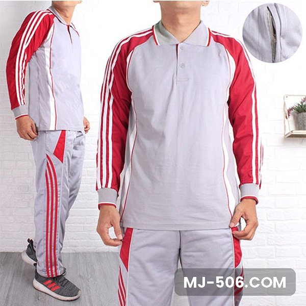 Setelan Training Lengan Panjang Abu Merah Setelan Training Lengan Panjang Abu Merah, setelan polo raglan katun cardet 24s dan celana training diadora