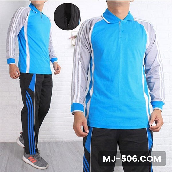 Setelan Training Lengan Panjang Biru Muda Abu Celana Hitam Setelan Training Lengan Panjang Biru Muda Abu Celana Hitam, setelan polo raglan katun cardet 24s dan celana training diadora