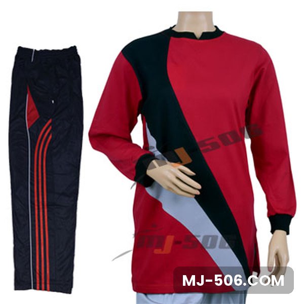 Baju Olahraga Muslimah Model Tunik Warna Merah Baju Olahraga Muslimah Model Tunik Warna Merah, tunik muslimah merah dengan panel diagonal hitam dan abu dan celana training hitam list merah