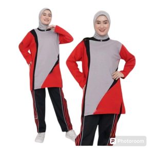 Seragam Olahraga Muslimah Tunik Abu Merah