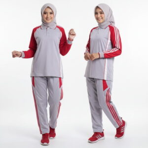 Setelan Training Olahraga Wanita Abu Merah