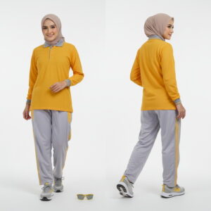 Setelan Olahraga Polo Wanita Warna Kuning Abu