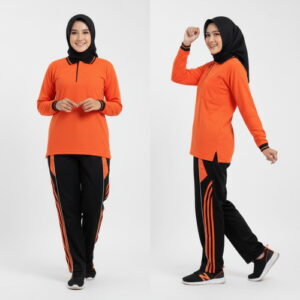 Setelan Olahraga Polo Wanita Warna Orange Hitam