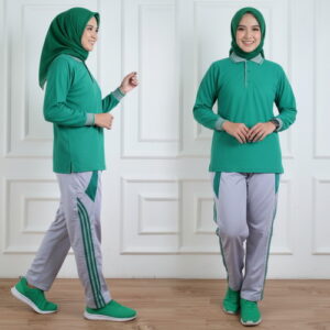 Setelan Olahraga Polo Wanita Warna Toska Abu