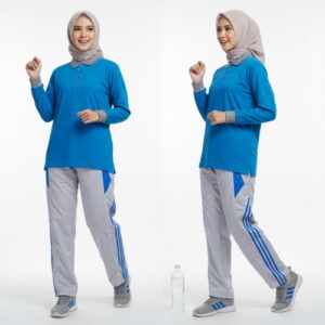 Setelan Olahraga Polo Wanita Warna Turkis Abu